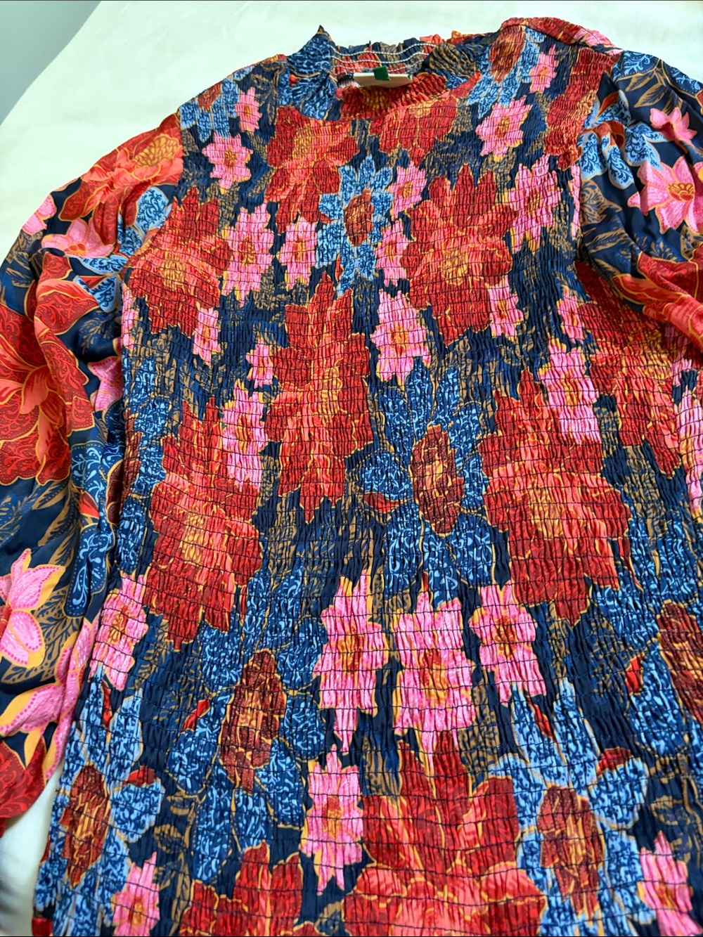 FARM Rio Floral Smocked Long-Sleeve Top - Red, Pink & Navy
